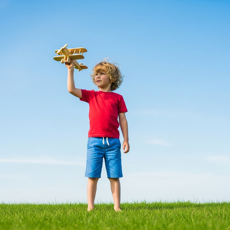 Young Boy in Shorts Playing Outdoors with Wooden Toy Airplane