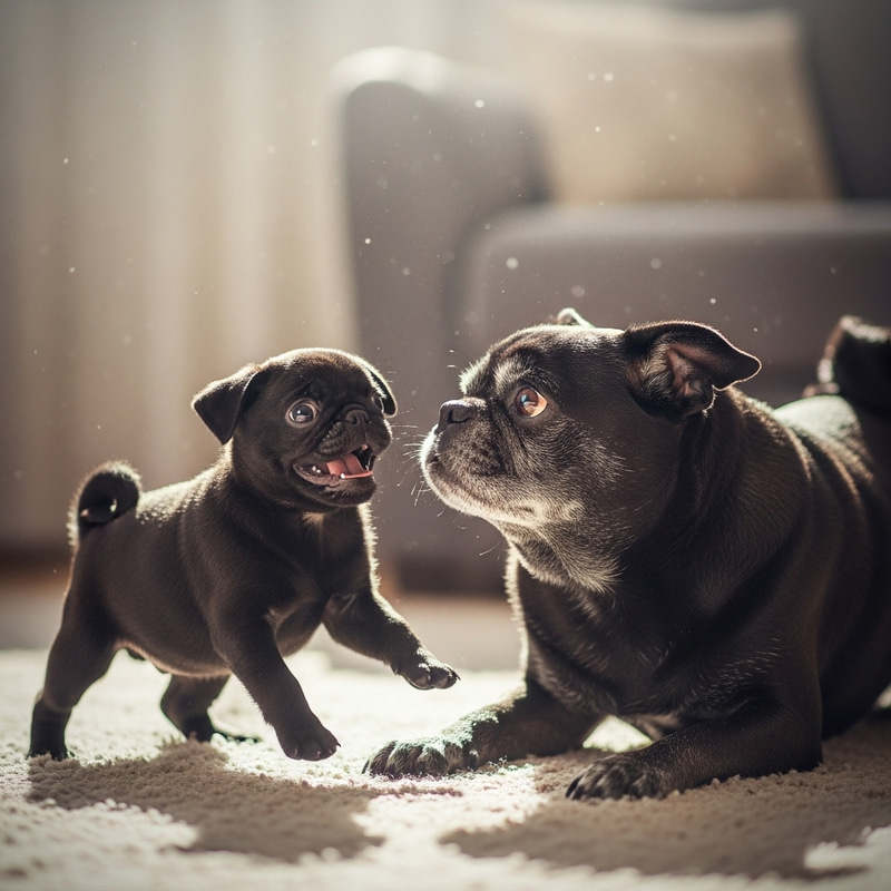 Black Pug Puppy Frolicking with Mature Black Pug - Dreamy Scene