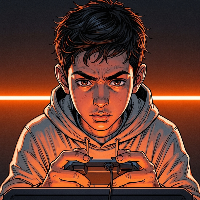 Intense Middle-Eastern Gamer Boy | Orange Neon Japanese Manga Style