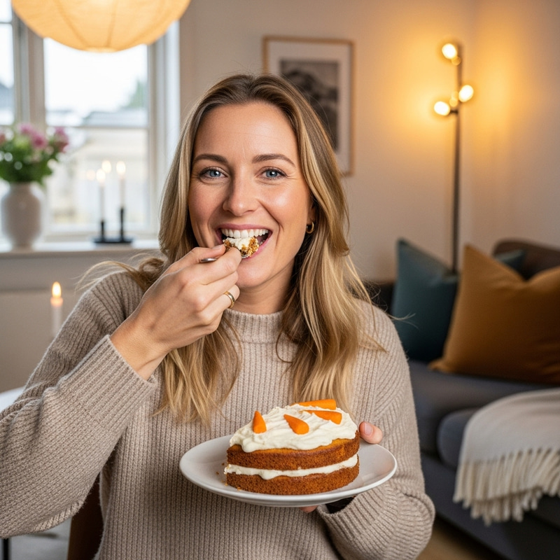 Joyful Danish Woman Enjoying Carrot Cake in Cozy Home Setting Joyful Danish Woman Enjoying Carrot Cake in Cozy Home Setting