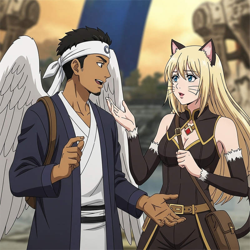 Anime Fantasy Art: Winged Man and Blonde Cat Girl in Anime Style