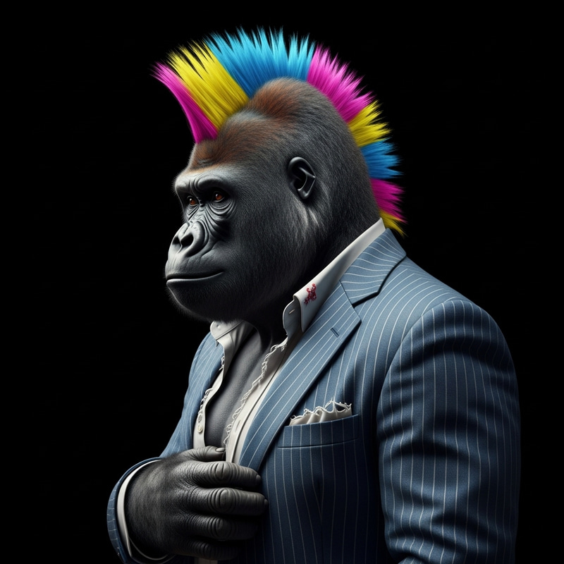 Half-Profile Gorilla Punk in Blue Striped Suit with Mohawk Half-Profile Gorilla Punk in Blue Striped Suit with Mohawk
