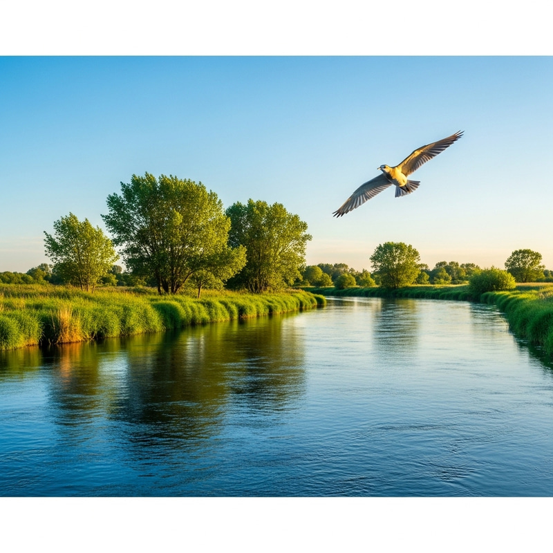 Realistic Image of a Bird Soaring Over Meandering River Realistic Image of a Bird Soaring Over Meandering River