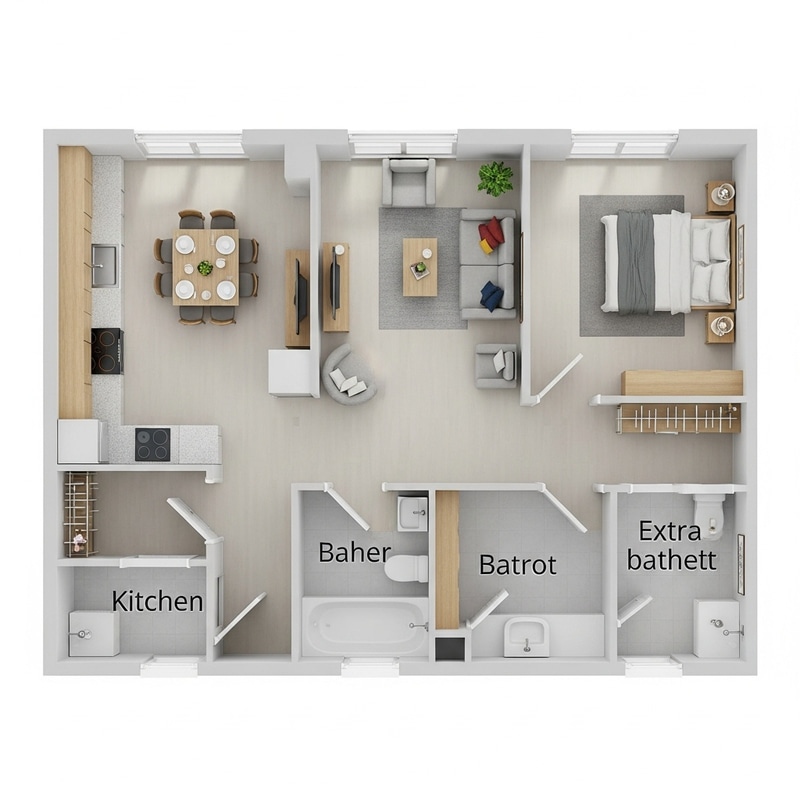 Efficient 3D Apartment Groundplan with Kitchen, Living Room, Bedroom, Bathroom & Extra Toilet