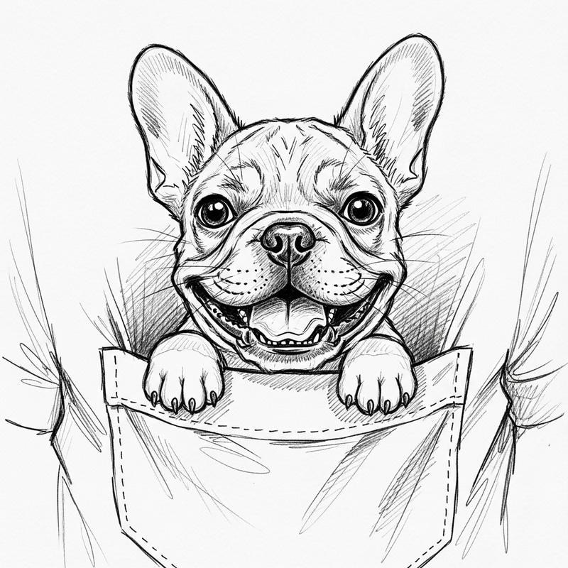 Adorable French Bulldog Puppy Sketch Peeking from Shirt Pocket Adorable French Bulldog Puppy Sketch Peeking from Shirt Pocket