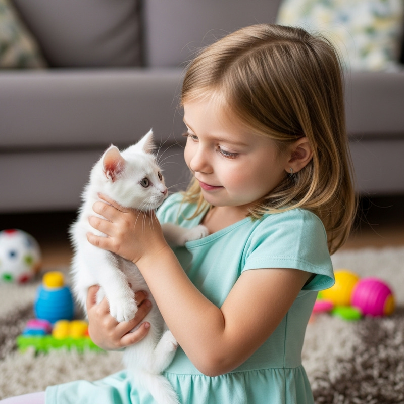 Adorable 4-Year-Old Girl Holding White Kitten Adorable 4-Year-Old Girl Holding White Kitten