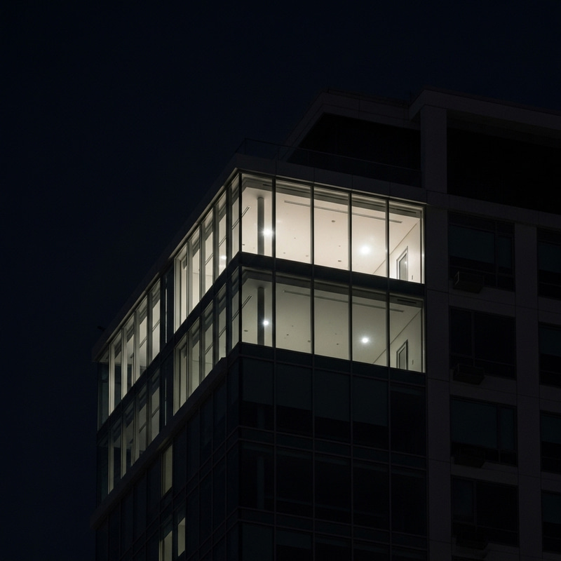 Mysterious Glass Apartment in High-Rise at Night Mysterious Glass Apartment in High-Rise at Night