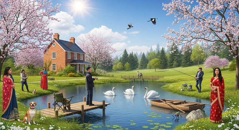 Radiant Spring Landscape with Charming Brick House, Swans, and Fishers Radiant Spring Landscape with Charming Brick House, Swans, and Fishers