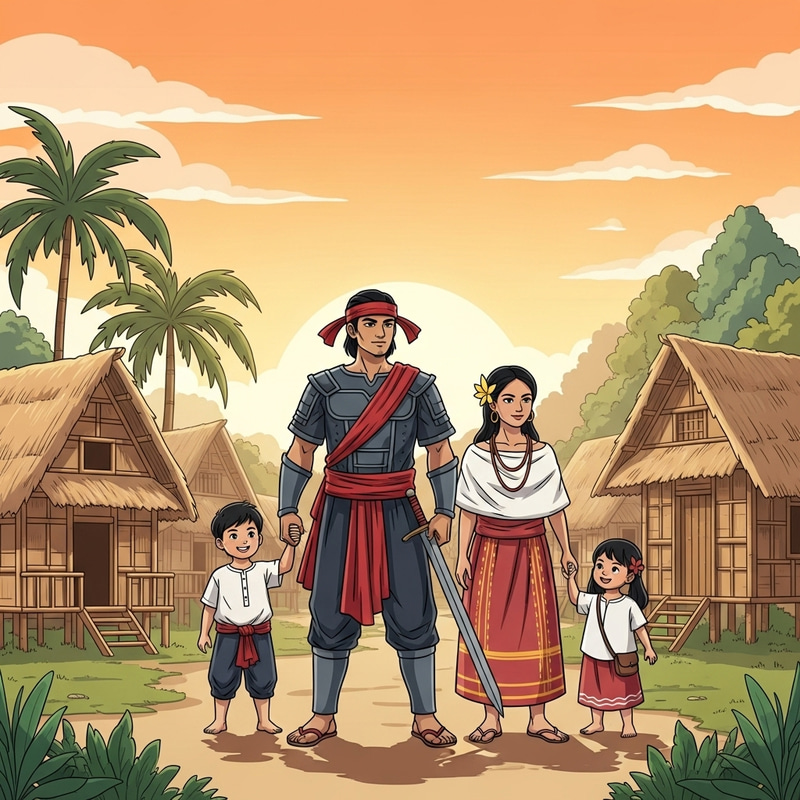 Filipino Warrior and Family in Serene Village Setting