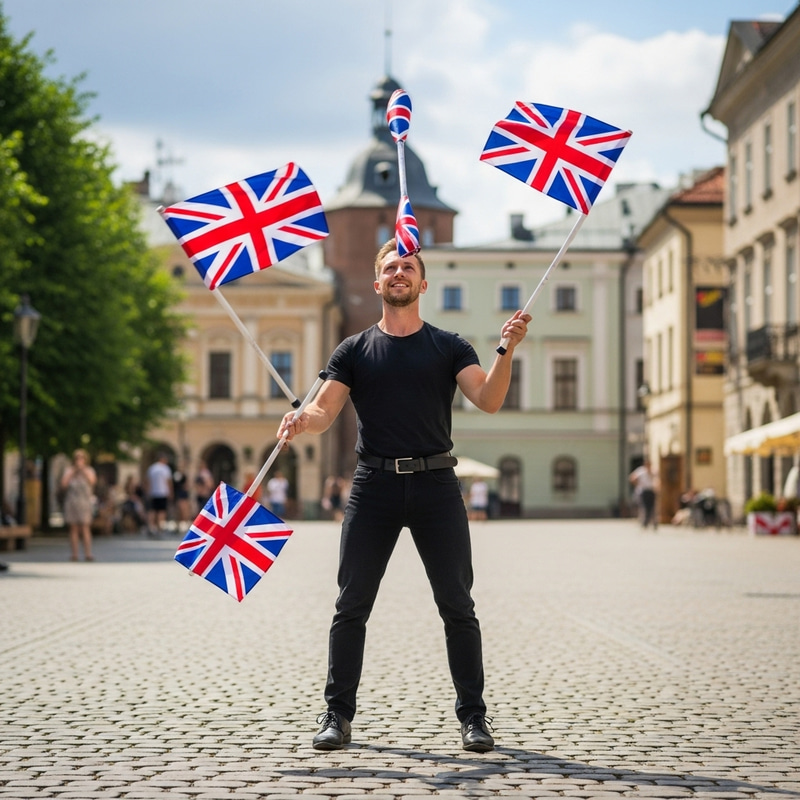 Skilled Entertainer Juggling British Flags Skilled Entertainer Juggling British Flags