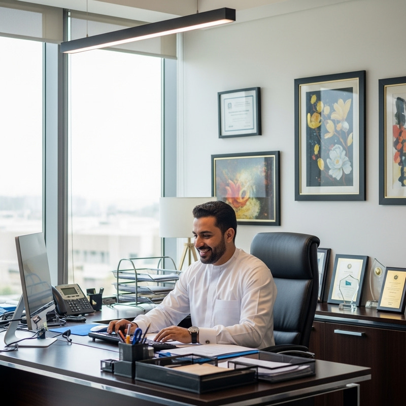 Joyful 40th Manager in Modern Office Space | Elegant Decor Joyful 40th Manager in Modern Office Space | Elegant Decor