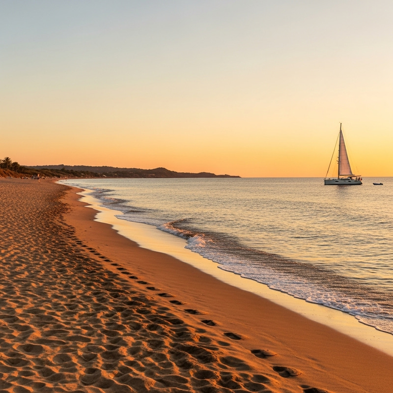 Tranquil Coastal Landscape with Sandy Beach and Sailboat at Sunset Tranquil Coastal Landscape with Sandy Beach and Sailboat at Sunset