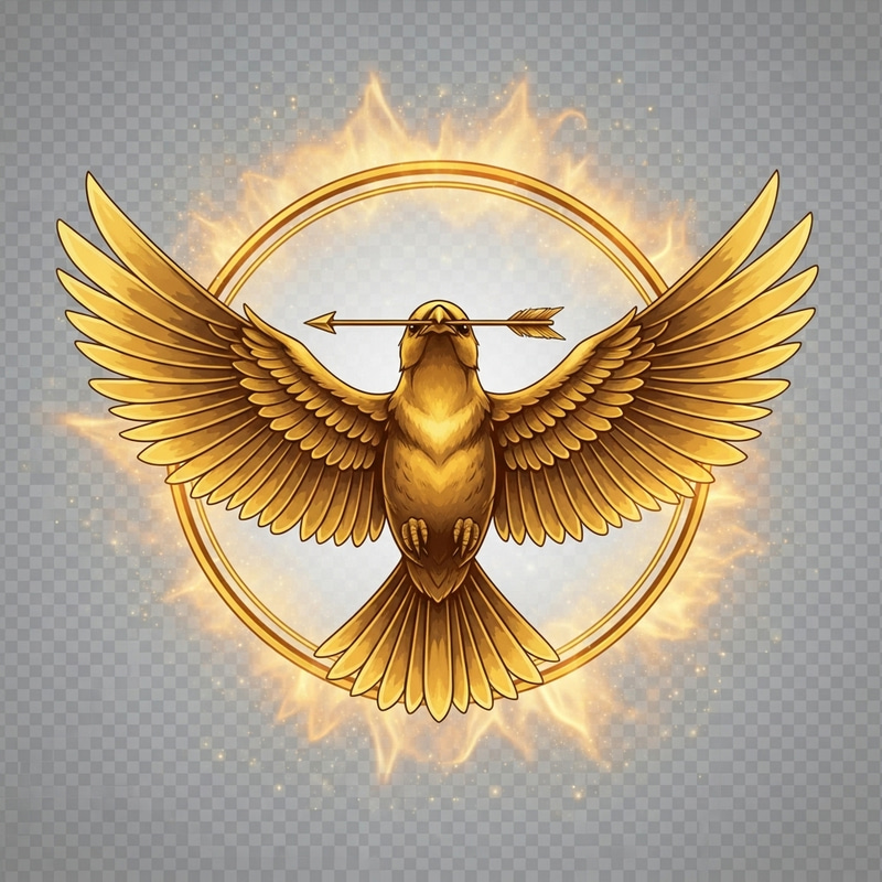 Golden Mockingjay with Wings Spread Holding Arrow in Gold Ring Golden Mockingjay with Wings Spread Holding Arrow in Gold Ring