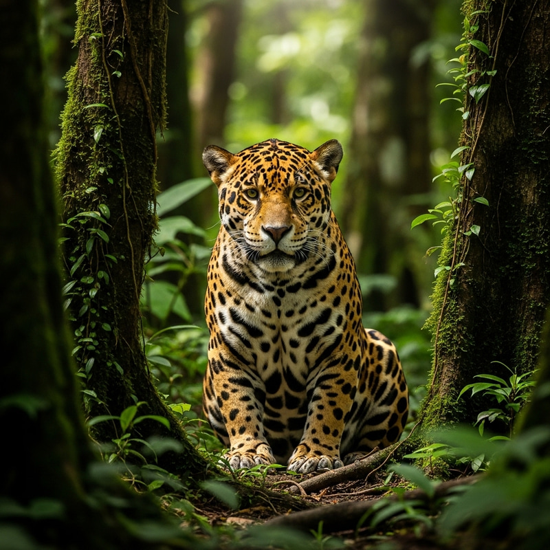 Jungle Jaguar in Rainforest: Stealthy Predator Amidst Lush Greenery Jungle Jaguar in Rainforest: Stealthy Predator Amidst Lush Greenery