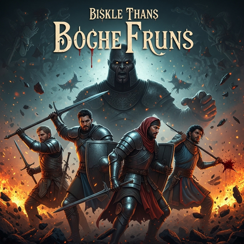 Dark Fantasy Album Cover: Epic Battle of Four Heroes