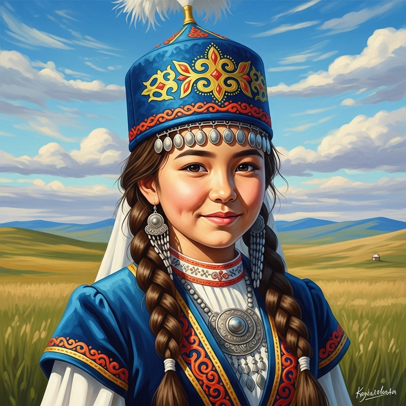 Kazakh Girl in Traditional Acrylic Painting Kazakh Girl in Traditional Acrylic Painting