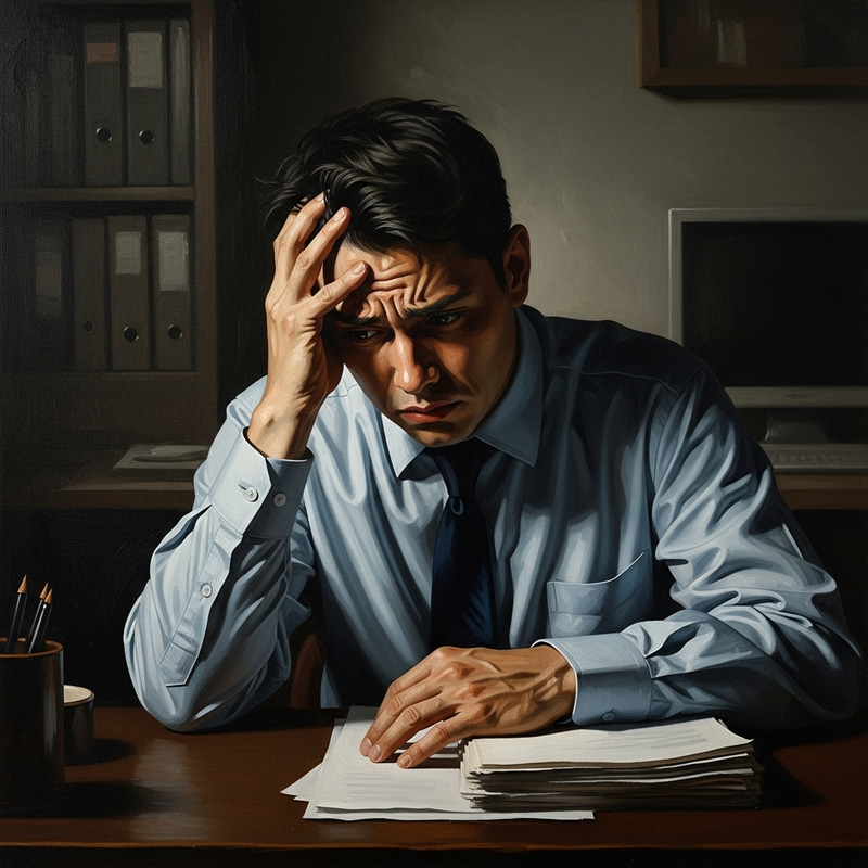 Worried Workplace Professional in Traditional European Oil Painting Style Worried Workplace Professional in Traditional European Oil Painting Style
