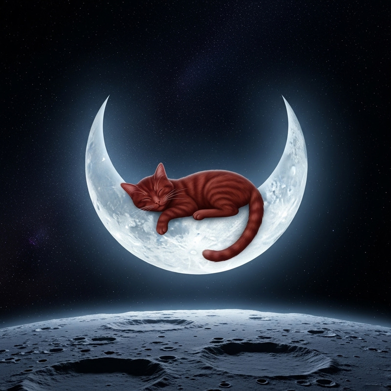 Red Cat Sleeping on the Moon - Tranquil and Fantastical Image