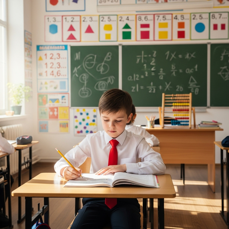 7-Year-Old Caucasian Boy in Primary School Math Class 7-Year-Old Caucasian Boy in Primary School Math Class