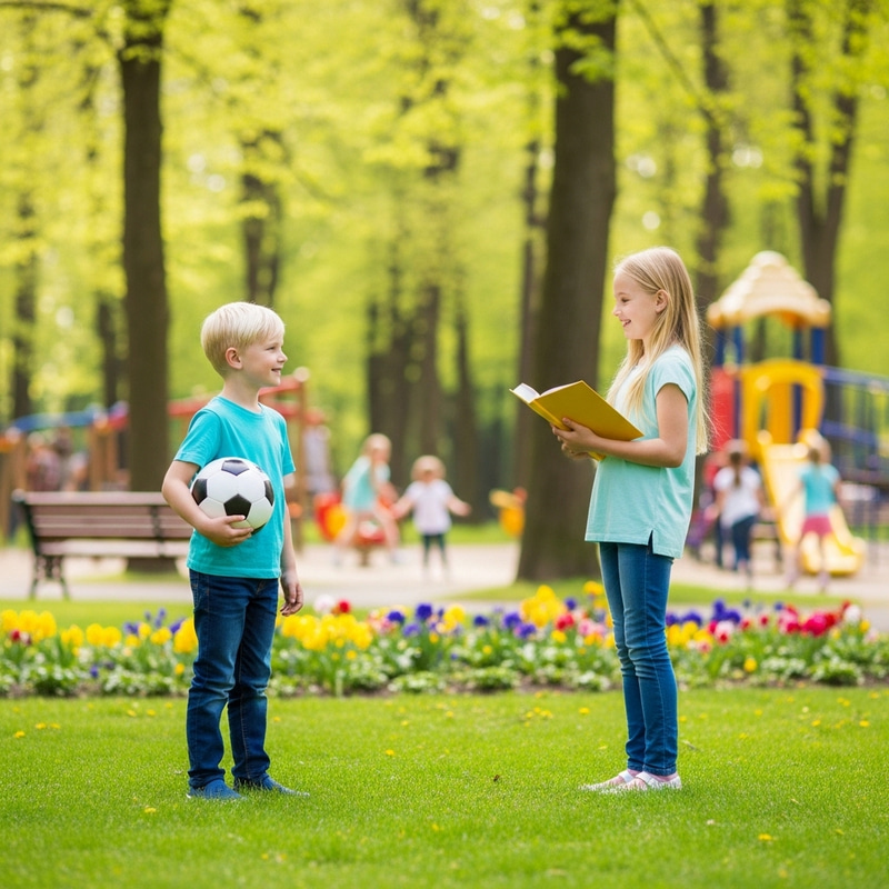 Bright and Joyful Encounter: Blonde Boy and Girl Meet in Park Bright and Joyful Encounter: Blonde Boy and Girl Meet in Park