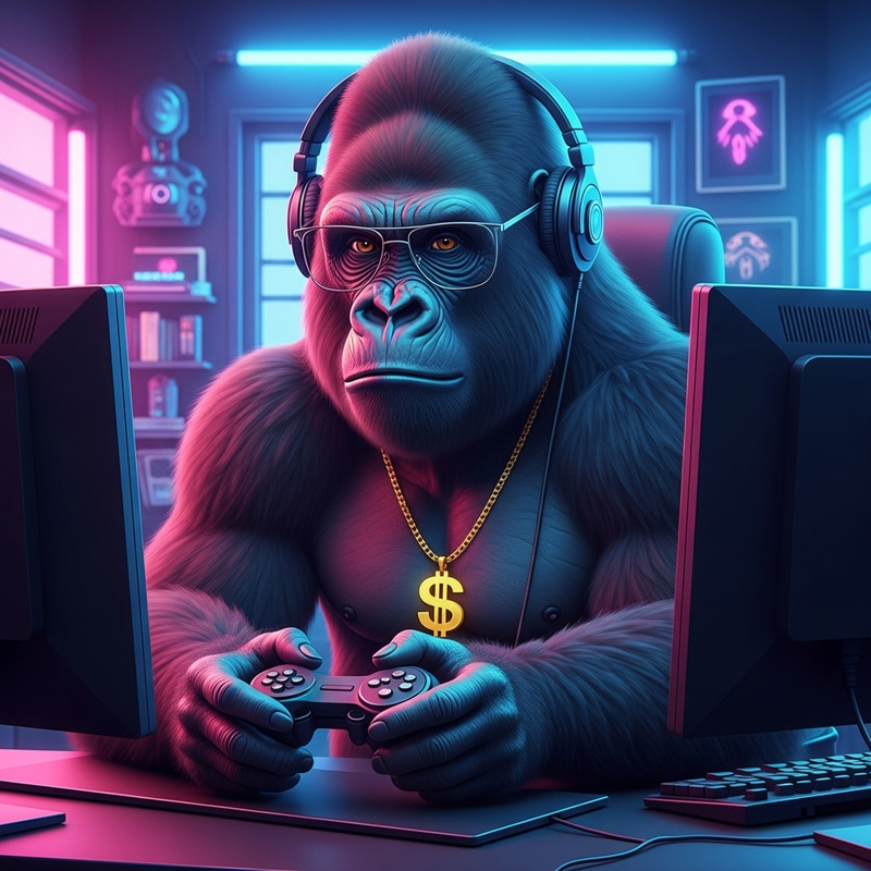 Super Realistic Gorilla Gamer in Neon Room
