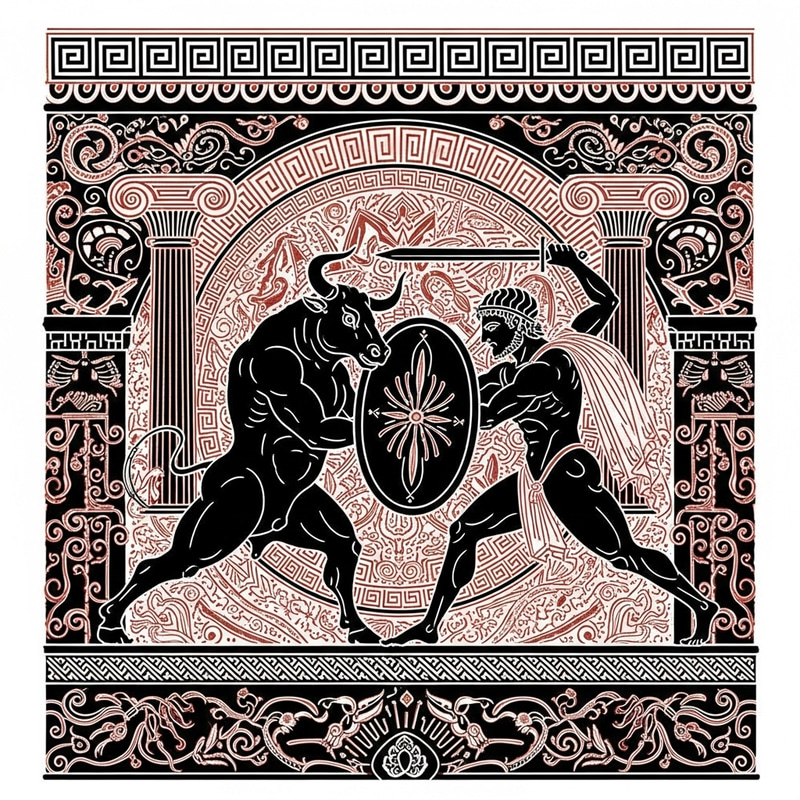 Theseus vs Minotaur: Greek Mythology Lineart Silhouettes