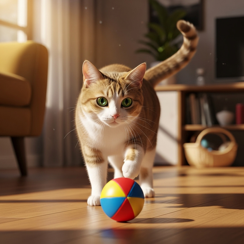 Playful Scene: Caramel and White Cat Pouncing on a Multicolored Ball