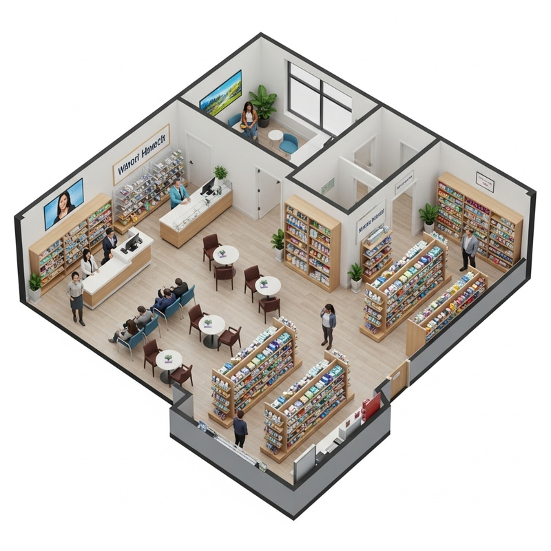 3D Pharmacy Floor Plan with Spacious Waiting Area & Consultation Room 3D Pharmacy Floor Plan with Spacious Waiting Area & Consultation Room