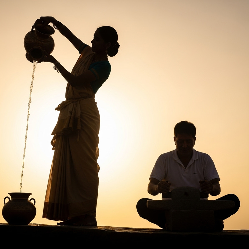 Silhouette Art: Woman with Urn & Man with Grindstone Silhouette Art: Woman with Urn & Man with Grindstone