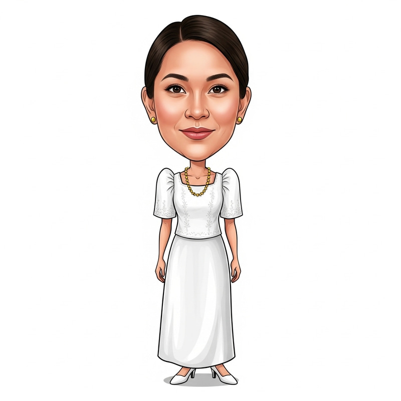 Playful Filipiniana Caricature: Elegant White Dress Playful Filipiniana Caricature: Elegant White Dress