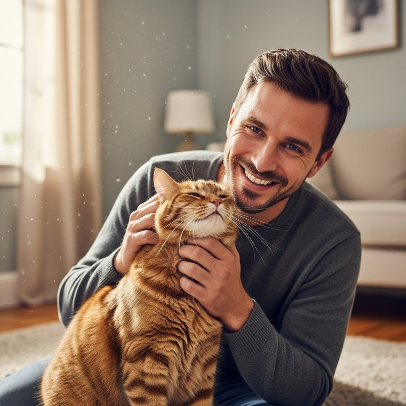 Happy Man Embracing His Overweight Cat | Joyful Indoor Scene Happy Man Embracing His Overweight Cat | Joyful Indoor Scene