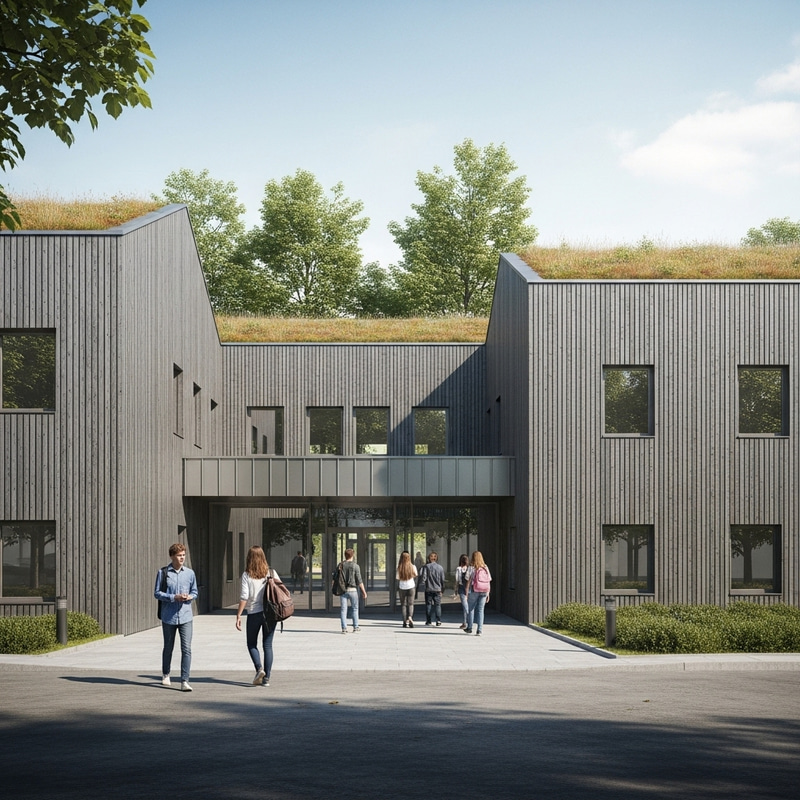 Modern Gray Urban School with Metal Façade and Green Roofs Modern Gray Urban School with Metal Façade and Green Roofs