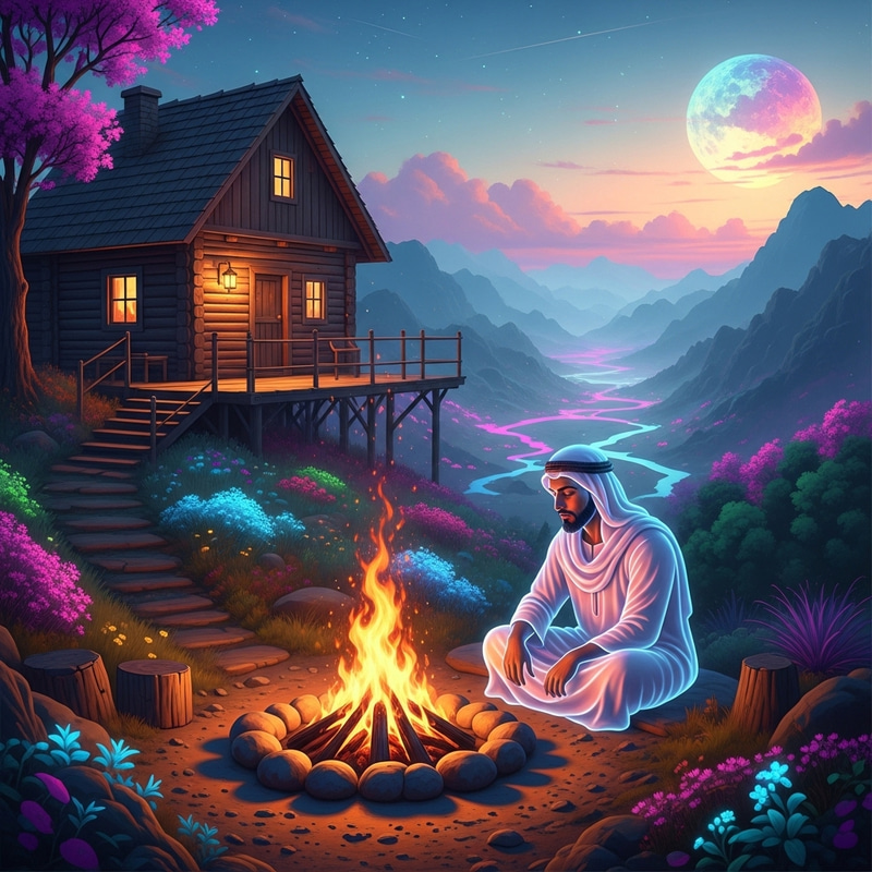 Enchanting Realistic Cabin Overlooking Otherworldly Landscape Enchanting Realistic Cabin Overlooking Otherworldly Landscape