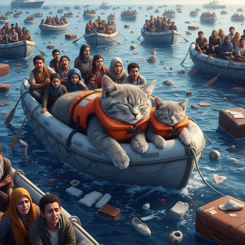 Real Life Shipwreck: Grey Cat and Kitten in Orange Life Jackets with Rescued People Real Life Shipwreck: Grey Cat and Kitten in Orange Life Jackets with Rescued People