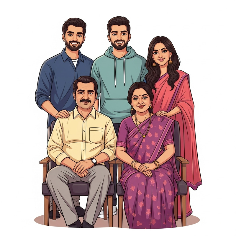 Charming Indian Family Cartoon Portrait Charming Indian Family Cartoon Portrait