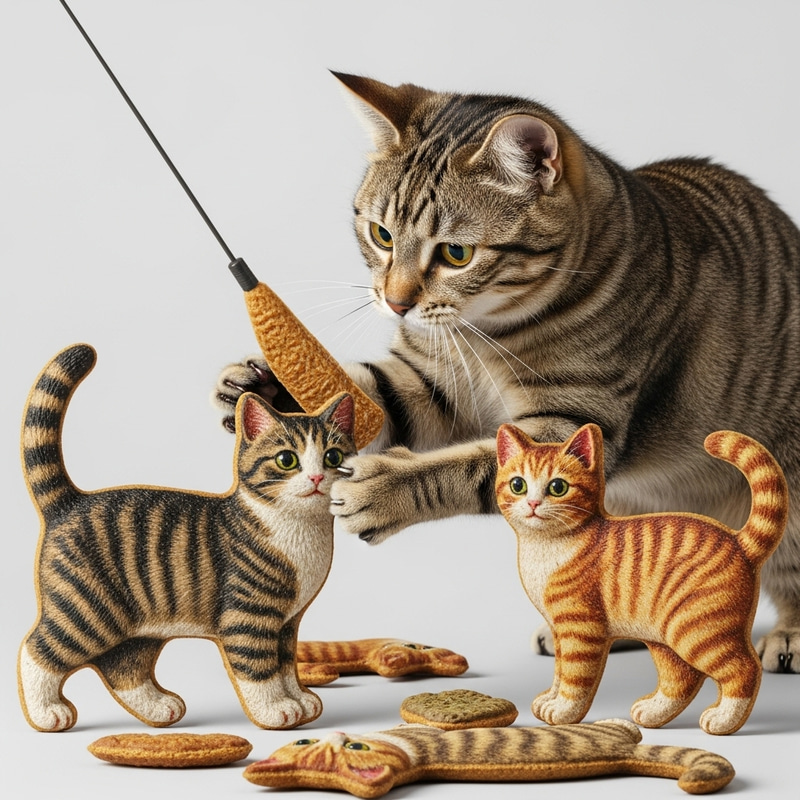 Surreal Cat Playing with Cat-Shaped Treats Surreal Cat Playing with Cat-Shaped Treats