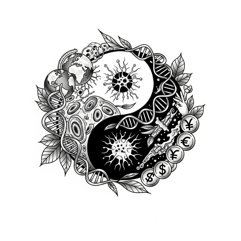Intricate Yin-Yang Tattoo Design with Biology and International Business Elements Intricate Yin-Yang Tattoo Design with Biology and International Business Elements