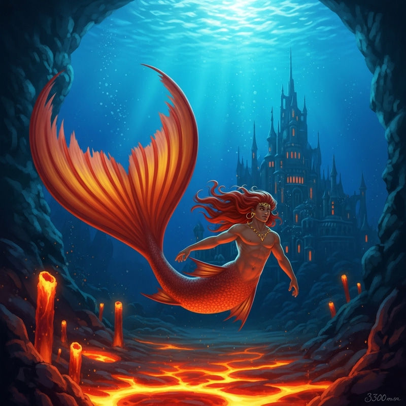 Enchanting Merman with Tan Skin and Flowing Red Hair in Deep Sea Kingdom