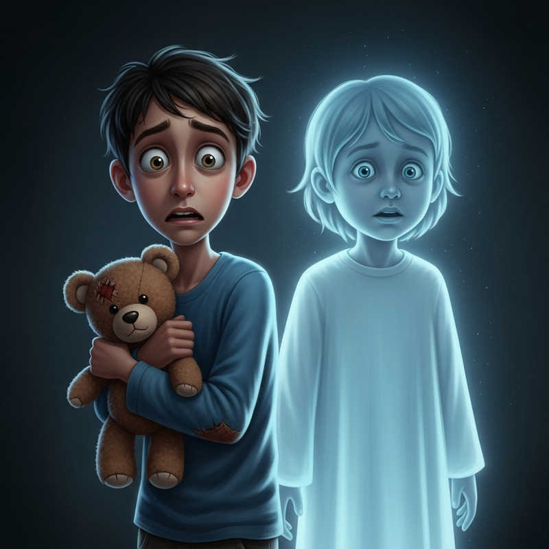 Scared 10-Year-Old Hispanic Boy with Ghostly Child in Dimly Lit Scene Scared 10-Year-Old Hispanic Boy with Ghostly Child in Dimly Lit Scene