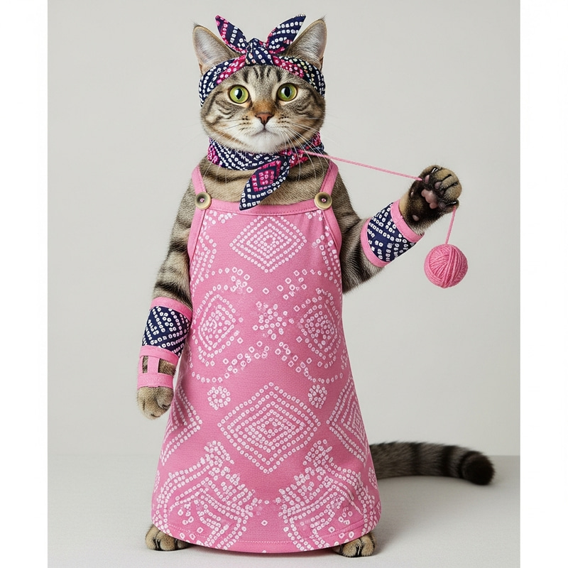 Adorable Cat in Cotton Pink Tank Top with Accessories