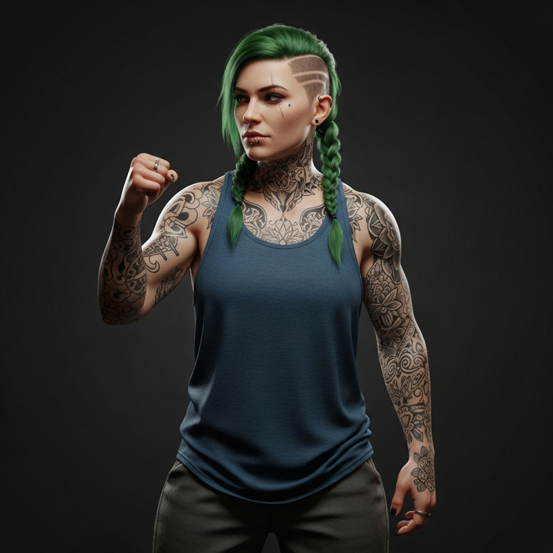 Strong Female Athlete, 23, in Men's Tee and Sporty Pants Strong Female Athlete, 23, in Men's Tee and Sporty Pants