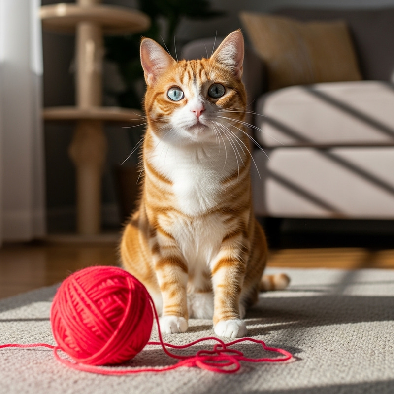 Playful Orange & White Striped Cat - Engrossed in Yarn Play