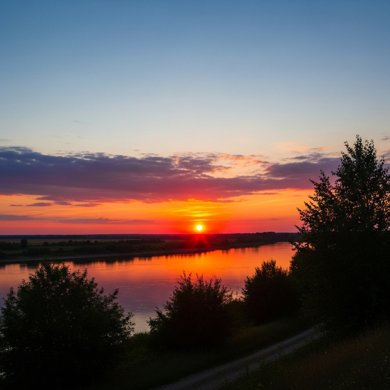 Serenity at Dusk | Sun Setting over Scenic River Serenity at Dusk | Sun Setting over Scenic River