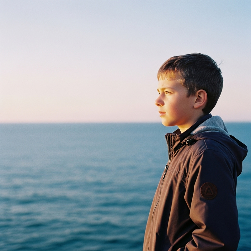 Serenity and Wonder: Young Boy in Vibrant Seascape Serenity Serenity and Wonder: Young Boy in Vibrant Seascape Serenity