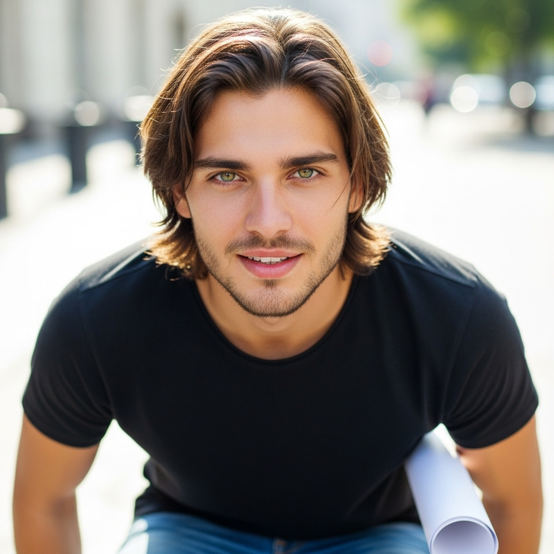 Young Slavic Man with Medium-Length Brown Hair and Green Eyes Young Slavic Man with Medium-Length Brown Hair and Green Eyes