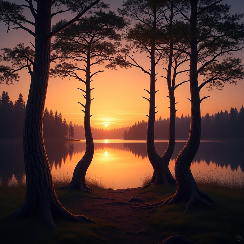 Surreal Sunset at Serene Lake | Twisted Trees, Vibrant Hues & Mystical Atmosphere