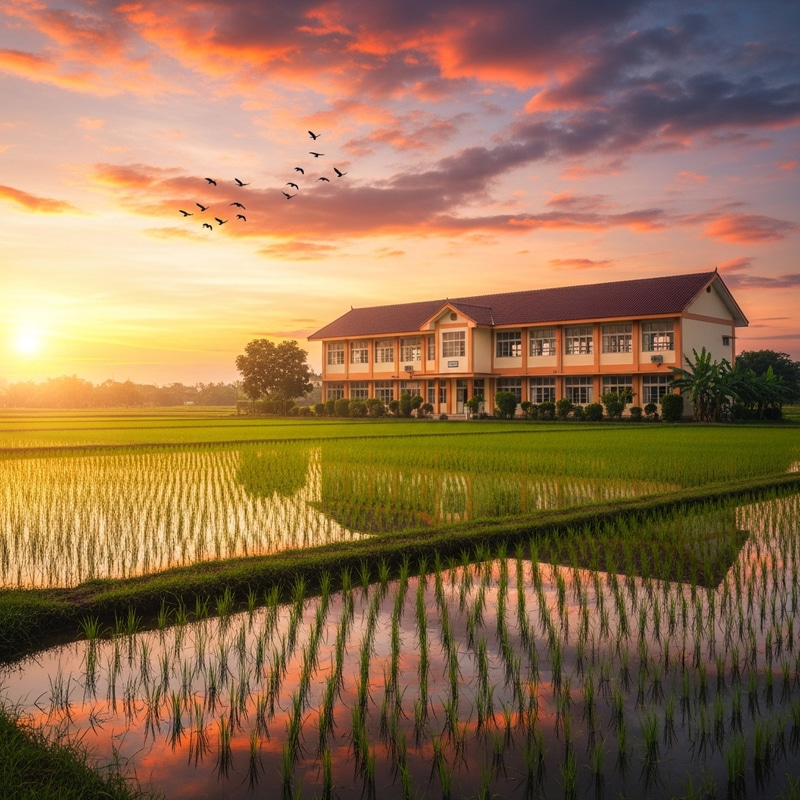 Traditional School Building in Rice Field at Sunset