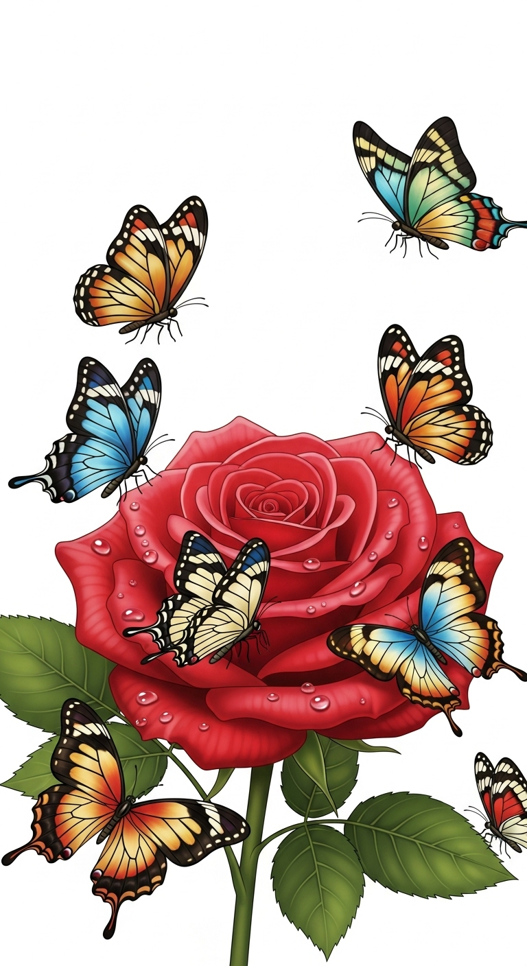Serene Red Rose with Vibrant Butterflies Serene Red Rose with Vibrant Butterflies