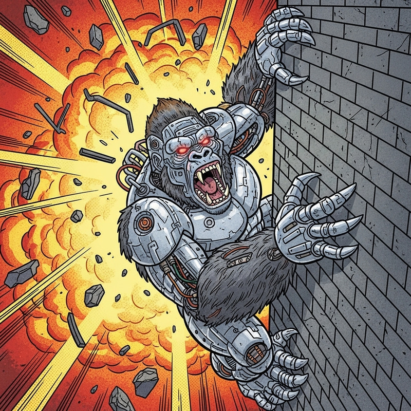 Robot Gorilla Wall Climbing amidst Comic-Style Explosions Robot Gorilla Wall Climbing amidst Comic-Style Explosions