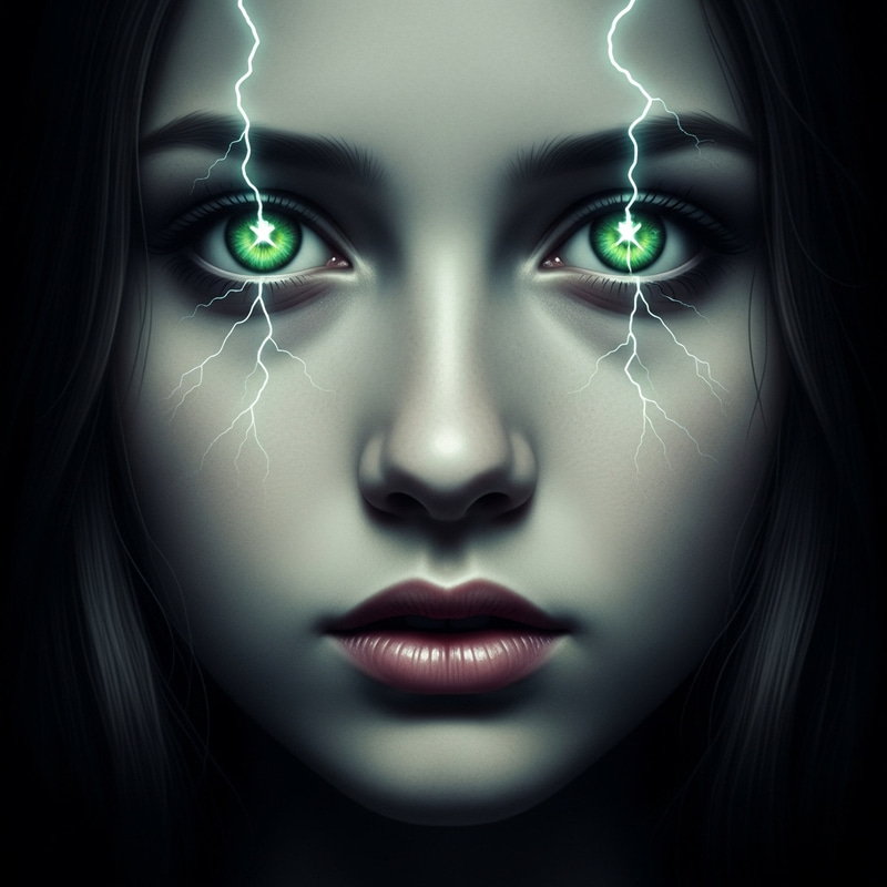 Eerie Ghost Girl with Green Eyes and Lightning-filled Gaze Eerie Ghost Girl with Green Eyes and Lightning-filled Gaze